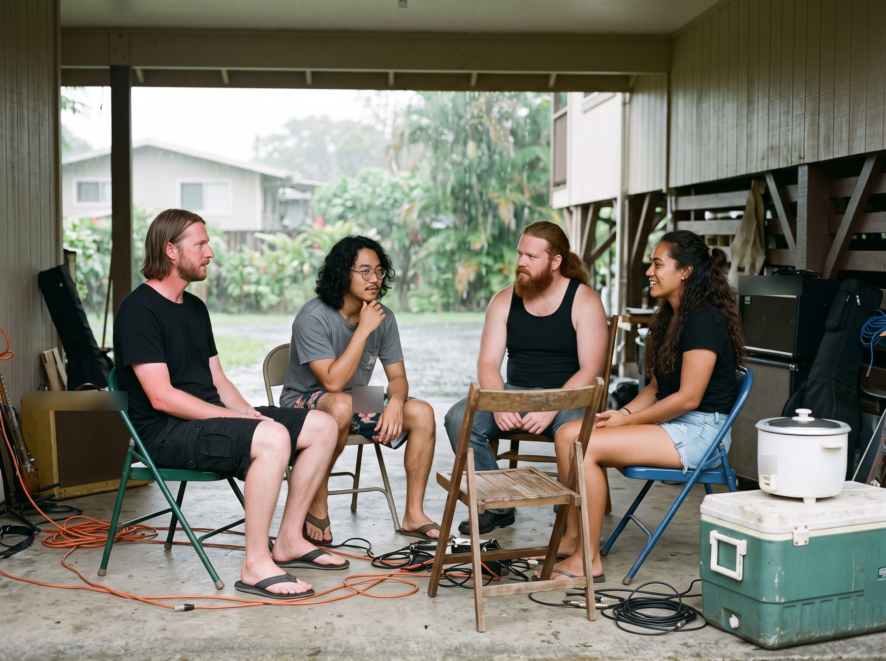 The band sits on folding chairs in a carport under a raised house on a rainy afternoon, cables on the floor, an amplifier and a rice cooker on a green cooler